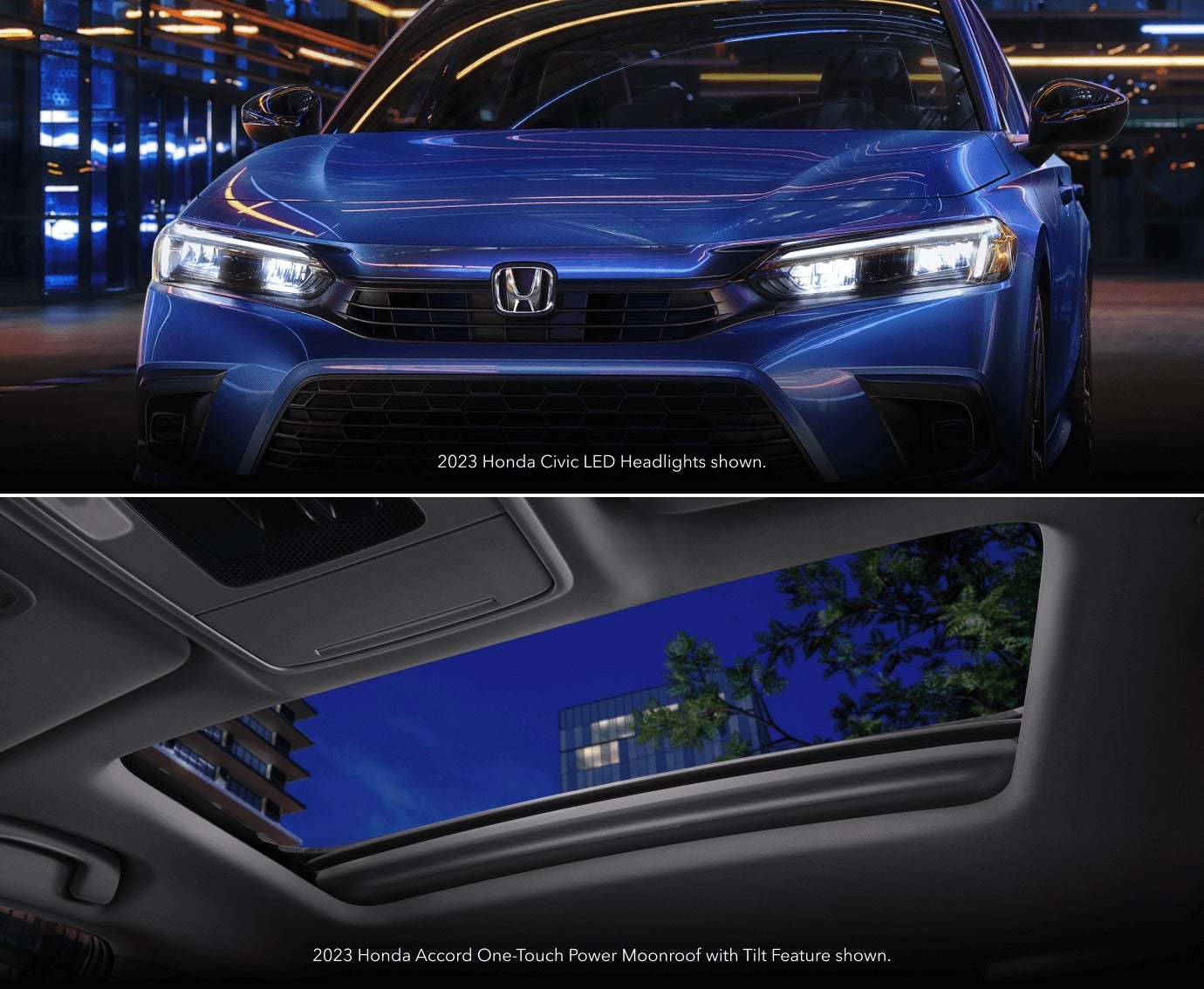 image of a 2023 Honda Civic headlights and the interior of a Honda Accord looking through the sunroof